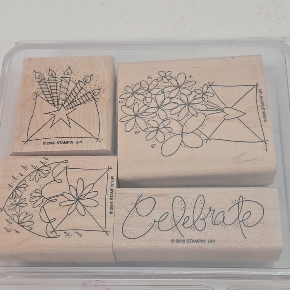 2006 Stampin‎ Up! Send A Celebration Set 4 Wood Mounted Rubber Stamp Greetings